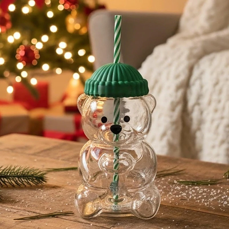 

2026 Bear Straw Glass Cup Birthday Christmas Cute Gift Coffee Cup Doll Accessories Transparent Creative Milk Coffee Water Cup