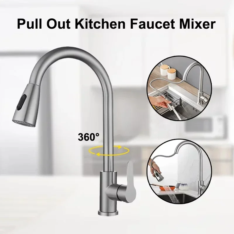 Brushed Nickel Kitchen Faucet Single Hole Pull Out Spout Kitchen Sink Mixer Tap Stream Sprayer Head Chrome/Black Mixer Tap