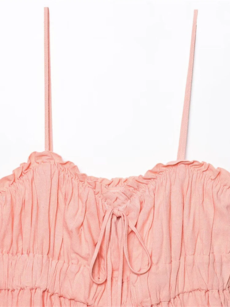 Sexy rendas até babados estilingue colete curto feminino sólido decote em v sem mangas sem costas plissado colheita topos 2025 verão senhora chique regata