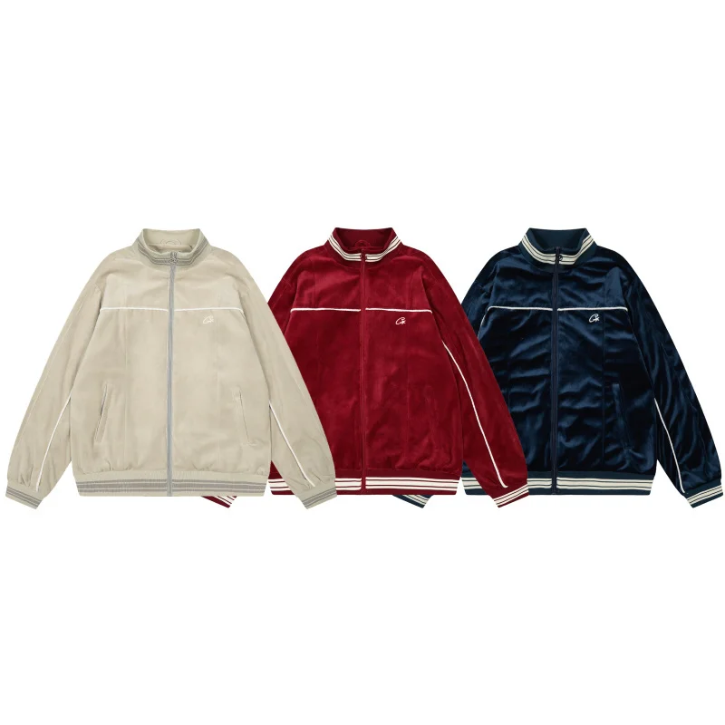 

Retro American High Street Embroidered Logo Velour Jaet Casual Zipper Collar Lapel Coat for Teens ex Autumn 2025