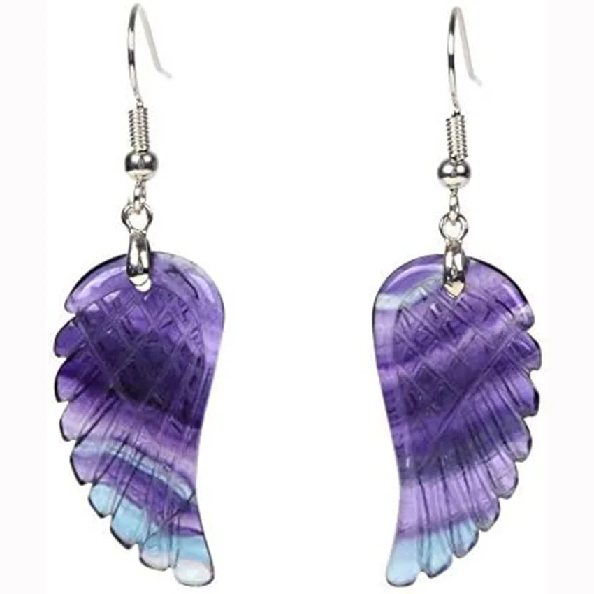 XSM Natural Amethyst Rose Quartz Gems Crystal Healing Reiki Chakra Handmade Angel Wing Dangle Earrings for Women Charm Jewelry