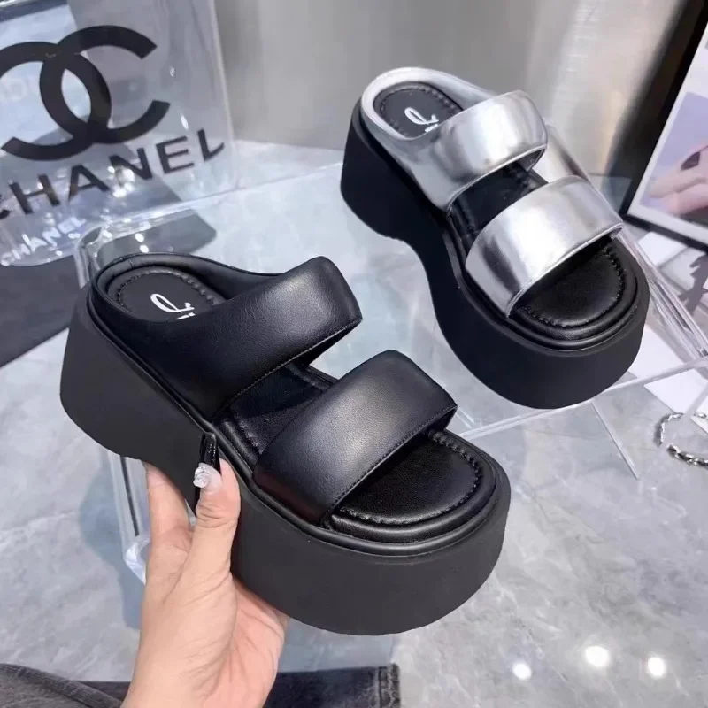 New Summer Women Chunky Slippers Flip-Flops Ladies Wedge Heels Shoes Woman High Platform Beach Slipper Outside Black Sandals 9CM