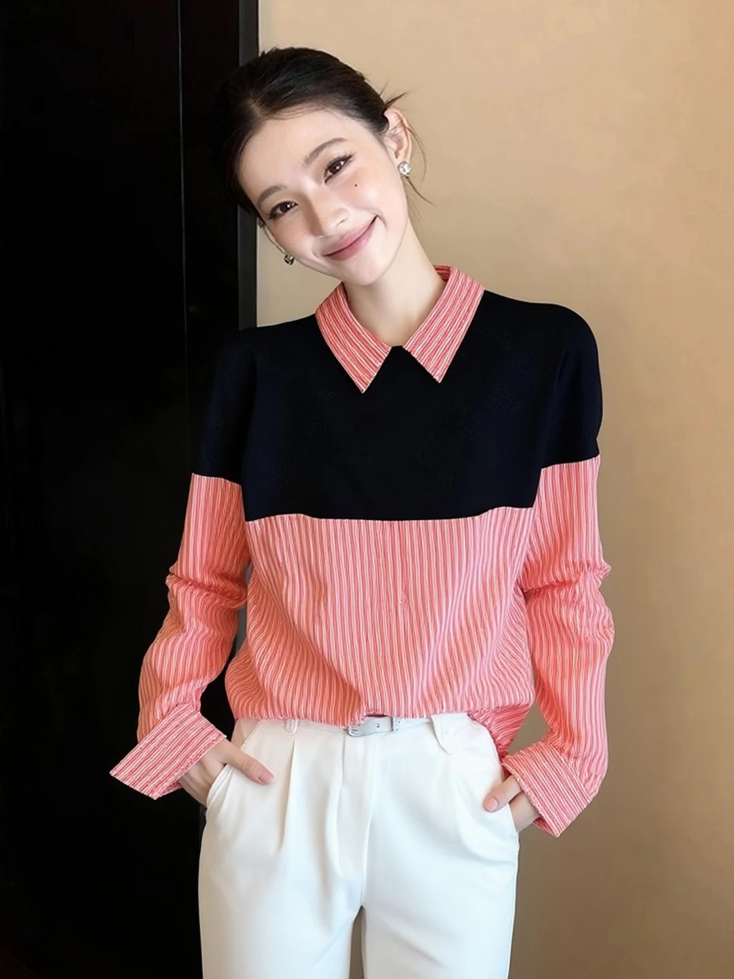 

Женская шелковая блузка Ele Color Blo с воротником и длинными рукавами, из шифона, в корейском стиле, свободного кроя, для повседневной носки, весенняя, модная