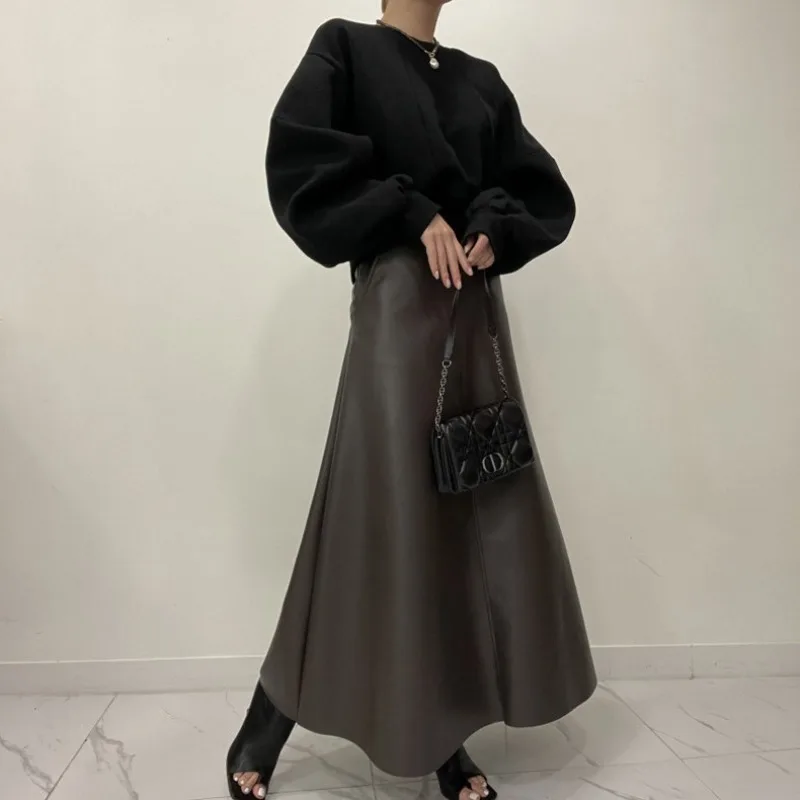 Jupe en cuir Pu noir pour femmes, avec poches, grand ourlet, taille haute, Maxi, longue, ligne a, bureau, Streetwear, automne hiver