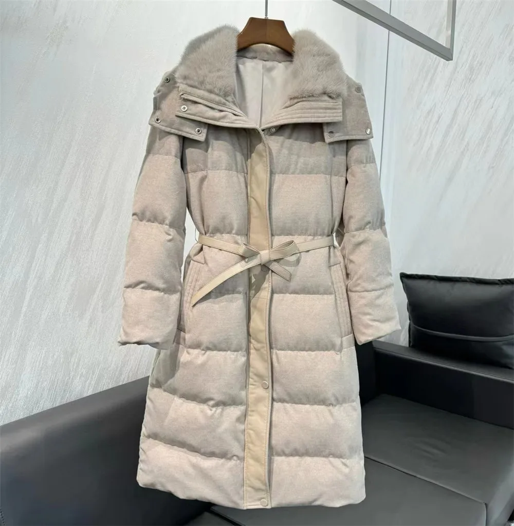 Women's Cashmere Wool Knitted Goose Down Jacket L*P Mink Collar Warm and Slimming Long Hooded Warm Overcoat