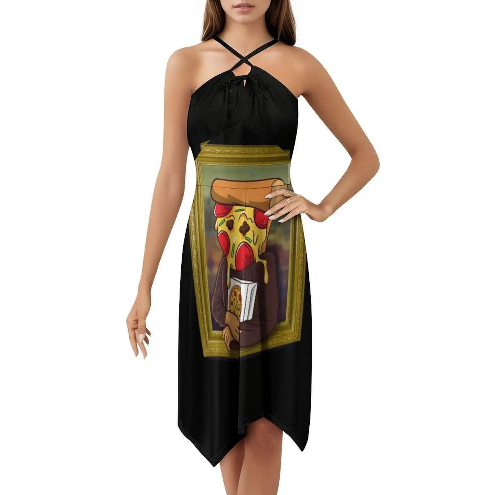 فستان البيتزا الموناليزا المضحك للفنان ومروحة البيتزا فستان سموك مزين بالزهور للنساء للربيع والصيف فستان كاجوال لمحبي البيتزا للحفلات #5