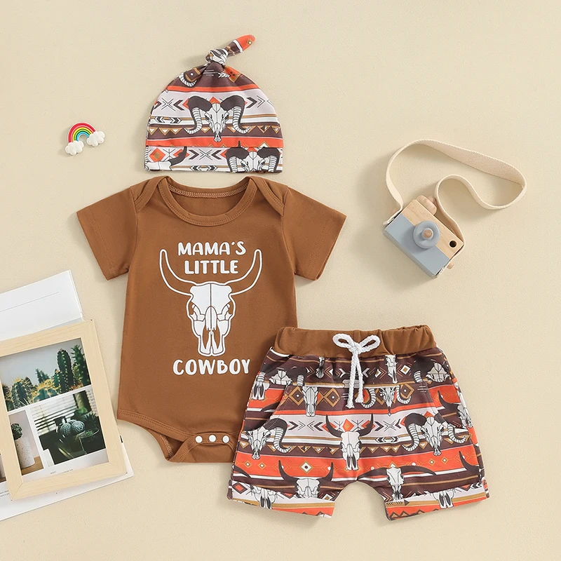 Baby Boy Western Clothes Newborn Cowboy Short Sleeve Letter Romper Cow Print Shorts Hat 3Pcs Summer Boho Outfits