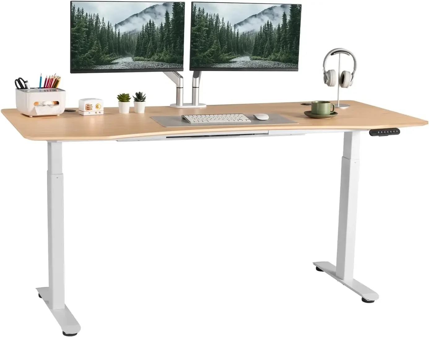 Electric Standing Desk 71 X 32 Inches Dual-Motor Height Adjustable Desk Home Office Desks Natural Maple Ergonomic White Frame