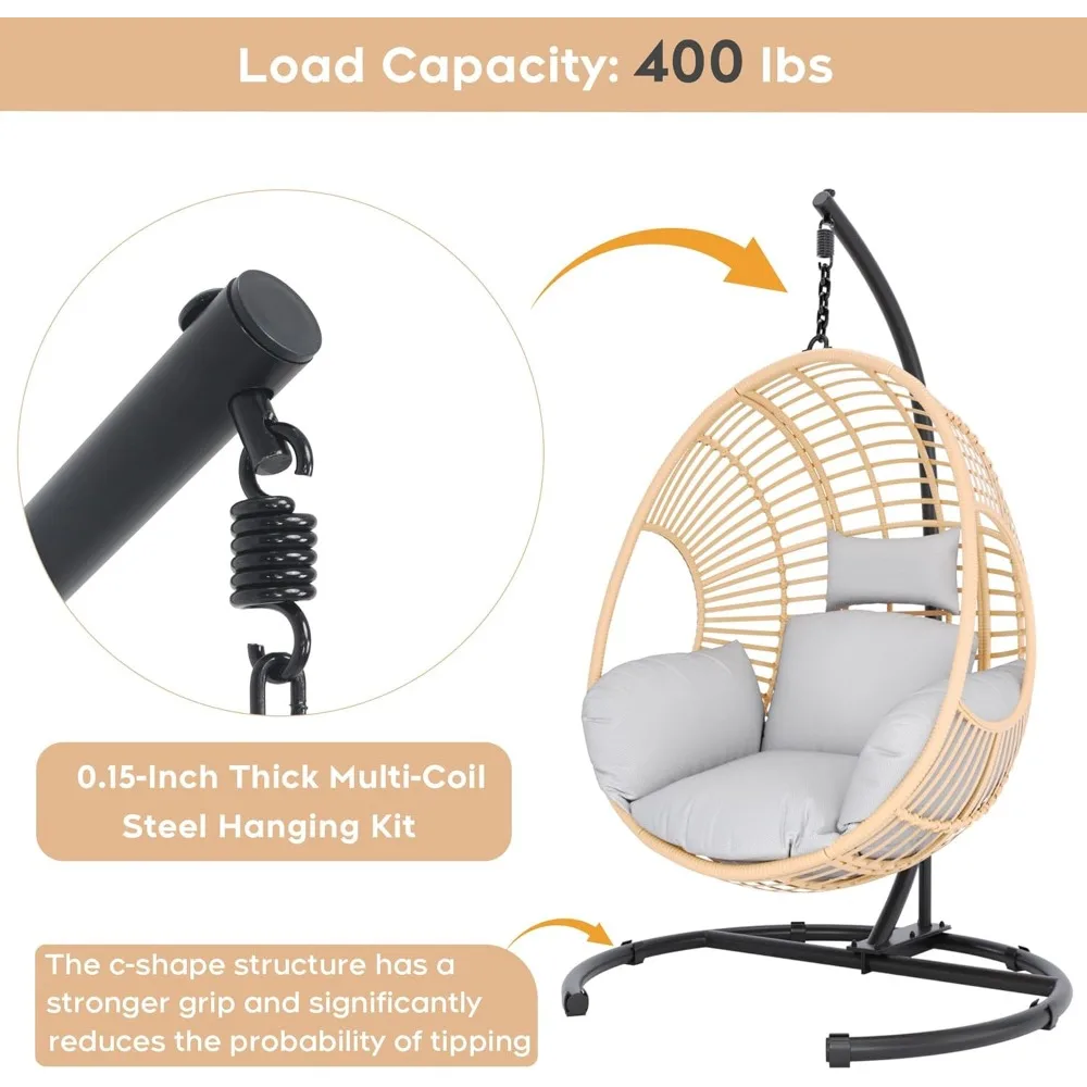 Chaise pivotante d'extérieur en osier toutes saisons avec housse de pluie, support de chaise à œufs robuste de capacité de 400 lb