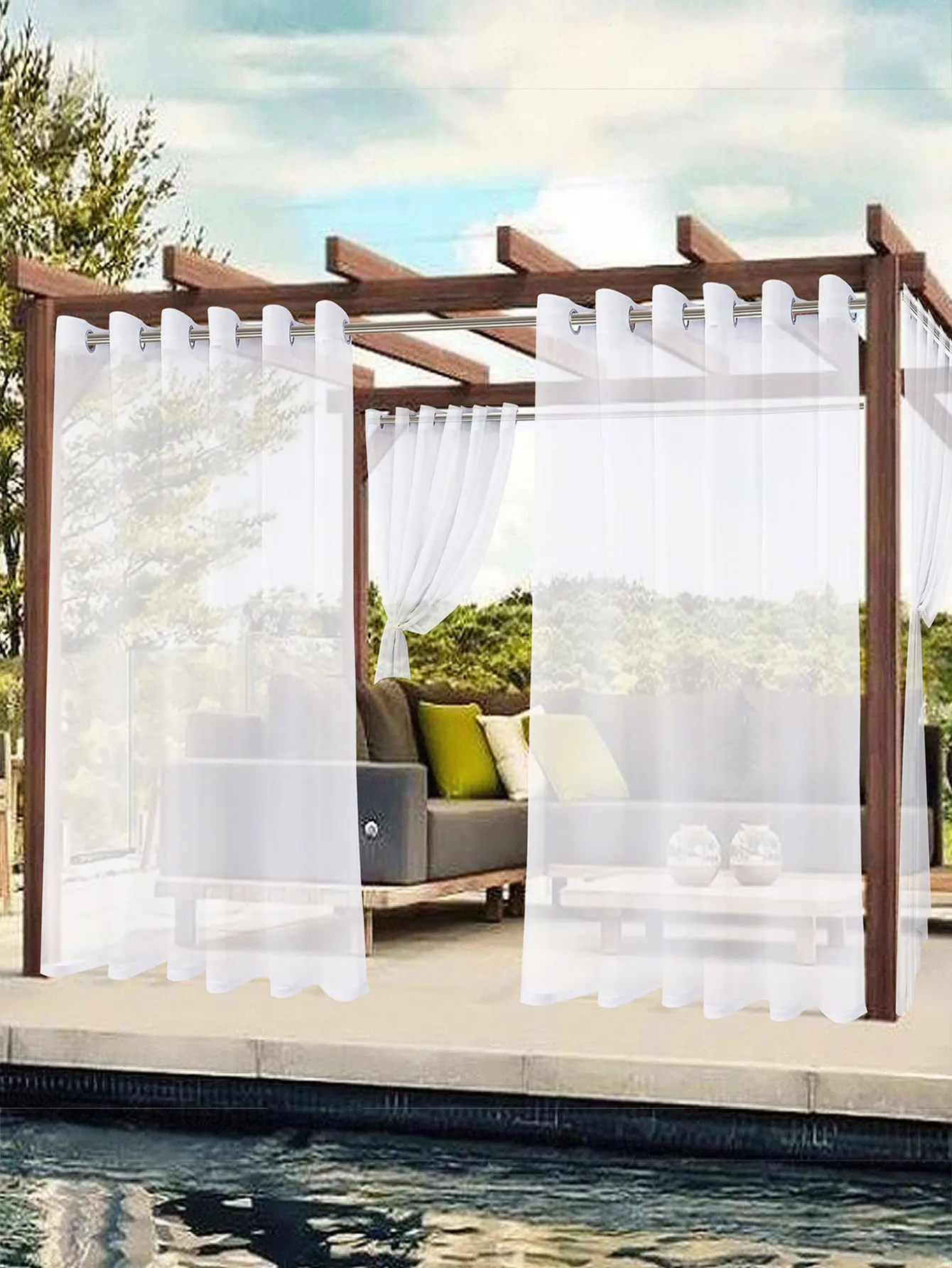 White Outdoor Sheer Curtains For No Waterproof,Grommet Indoor Voile Sheer Curtain for Living Room, Bedroom, Porch, Pergola
