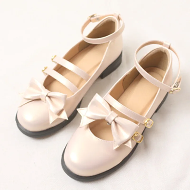 Mid Heel 3cm Japanese College Students Girls Round Toe Buckle Straps Bow Shoes Lolita Jk Uniform Pu Leather Lolita Shoes