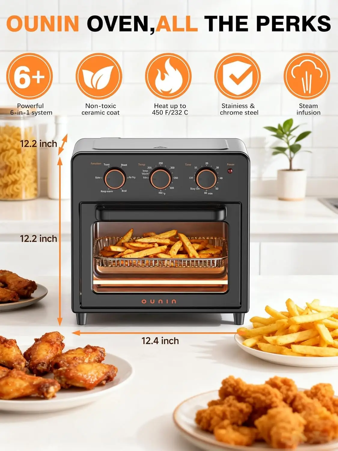 Compact 12 QT Steam Infusion Air Fryer Toaster Oven, 6-in-1 Stainless Steel Combo That Bakes, Broils, Grills & Warms, Fast Prehe