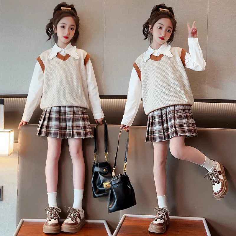 

Student Girls Outfits College style three-piece set Kintted Vest White Shirt Plaid Pleated Skirt Suit for School Children Formal