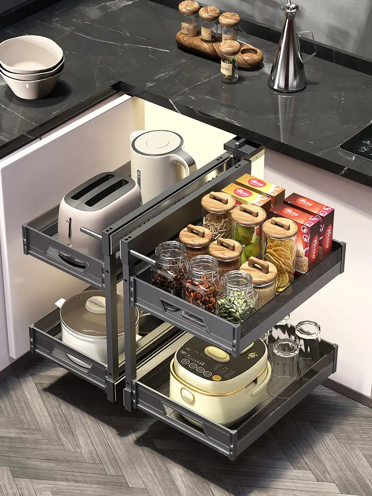 Dish Pull Basket Kitchen Cabinet Built-in Double-layer Drawer Type Bowl Basket Aluminum Alloy Pull Basket