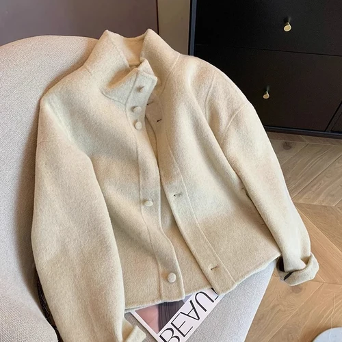 고급스러운 외투 여성용 루즈핏 단추 고급스러운 복고풍 스탠드 칼라 짧은 모직 여성용 단순한 단추 외투 코트 자켓 외투 