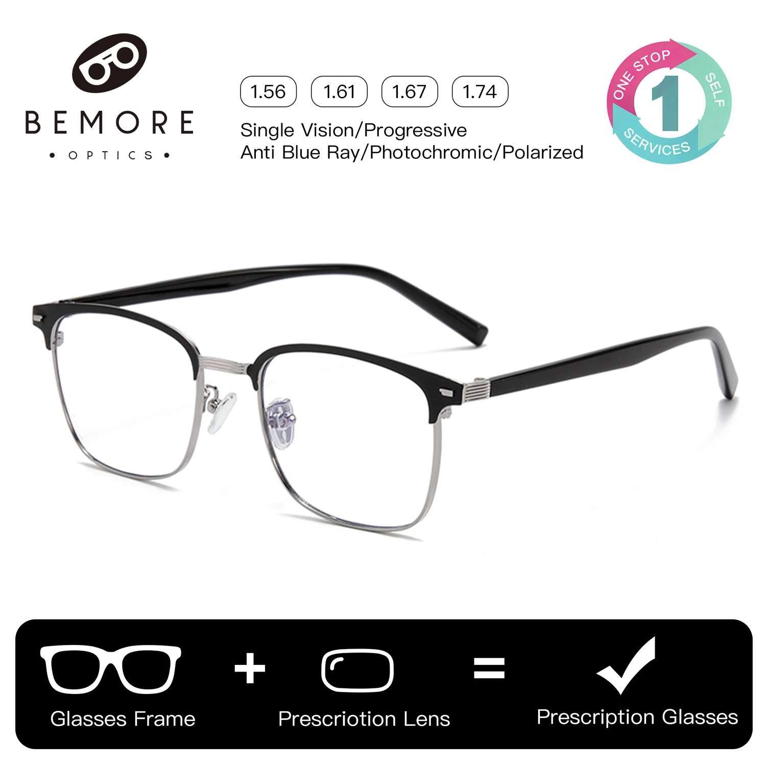 BEMORE Prescription Lenses and Frames For Men Anti Blue Light Photochromic Metal Square Optical Eyeglasses