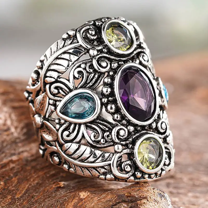 Huitan vintage feminino cor prata anel com múltiplas cores brilhante cz gravar design acessórios para festa diária jóias femininas