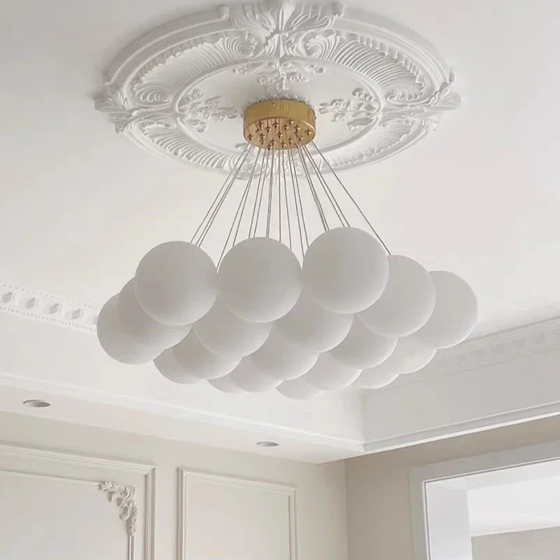 Modern Cream Style White Glass Ball Chandelier Creative LED Bubble Chandelier For Living Room Bedroom Nordic Moon Planet Lamp