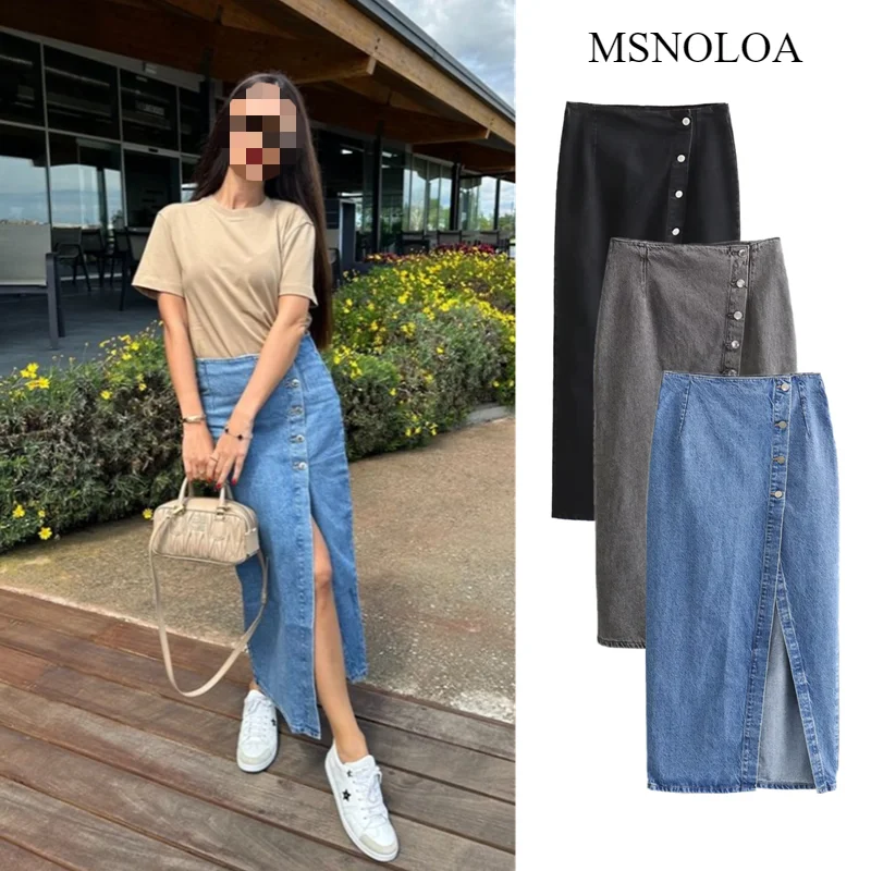 MSNOLOA  Women's 2024 Summer New Street Style Fashion Versatile Button Decorated Asymmetric High Waist Denim Skirt