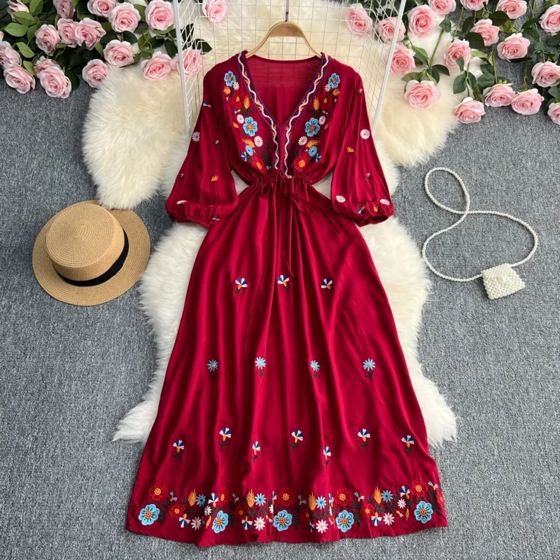 Women Dress A Line Mid Length Dresses V Neck Full Puff Sleeve Casual Beach Embroider Tight Waist Slim Fit Vestidos Summer