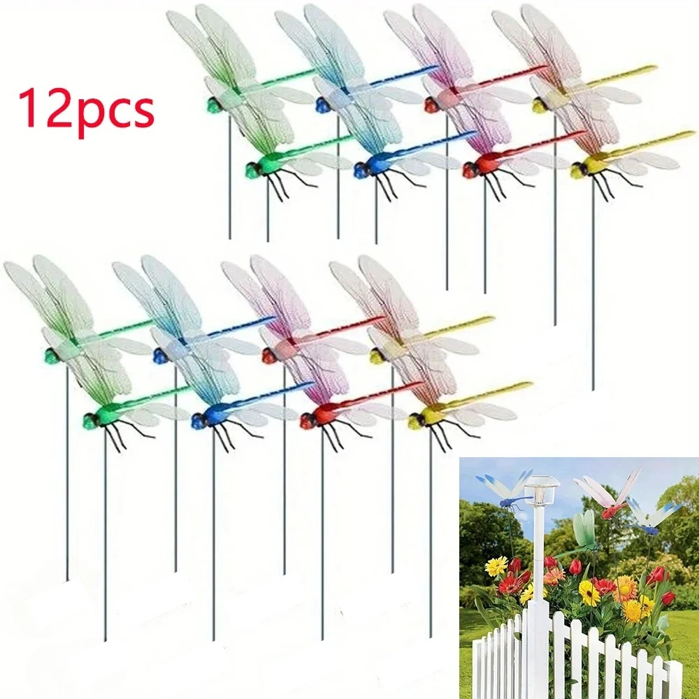 12pcs Realistic 3D Dragonfly Clips, Garden Stakes, Decorative Decoys for Outdoor Patio, Yard, Easy To Attach, Garden Accessory
