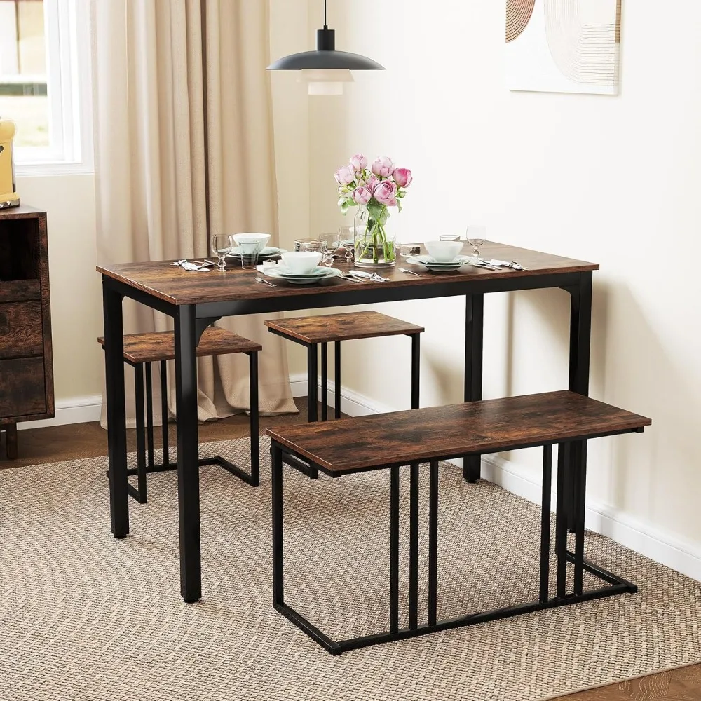 

4-Piece Dining Table Set for 4, Rectangular Wood Dining Table with Bench & 2 Stools, Industrial Kitchen Table Set