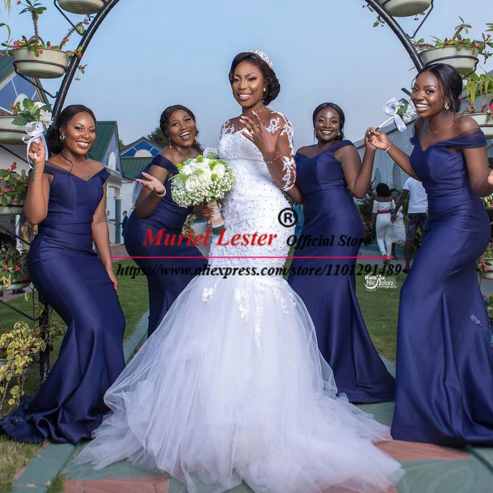 Vestidos de casamento sereia sul-africanos para mulheres, apliques brancos, tule de pele, mangas compridas, vestidos de noiva sob medida, vestido de festa 2023