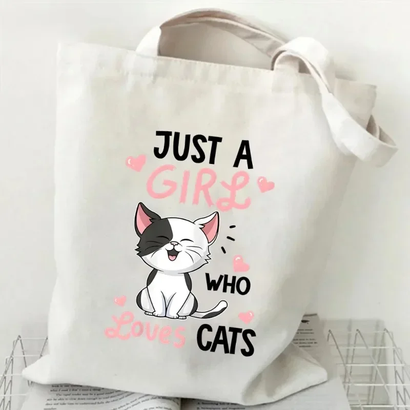 Women S Canvas Shoulder Bag Just A Girl Who Loves Cats Print Shopping Bag Student Animal Tote Bags Cartoon Kitten Handbag