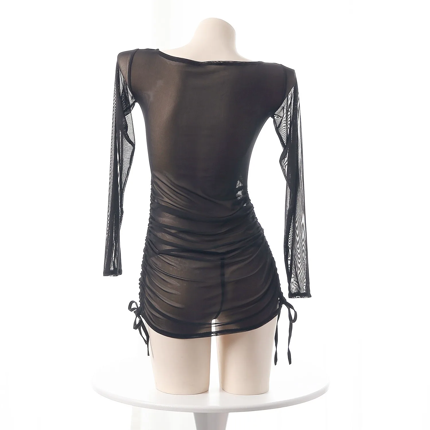 Costume da bagno sexy in rete nera trasparente con arricciatura, mini abito avvolto sui fianchi, manica lunga, costume da spettacolo per club party