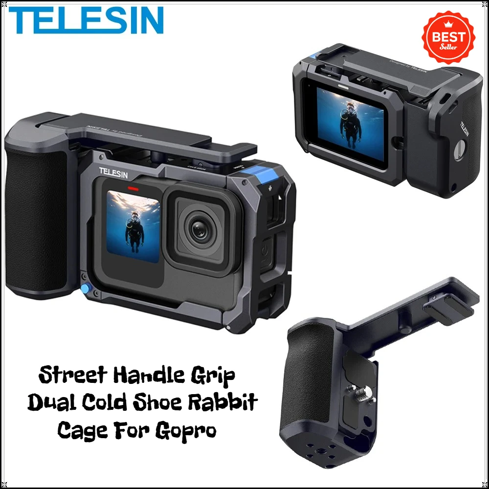 

TELESIN Hand Grip Aid Remote Control Street Handle Grip + Dual Cold Shoe Adapter Rabbit Cage For Gopro 13 12 11 10 9 Accessory