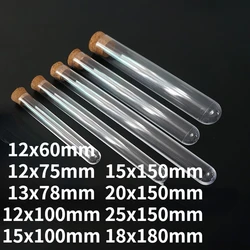 Tubes à essai en plastique transparent avec bouchons en liège, fournitures de laboratoire scolaire, cadeau de mariage, longueur de 60mm à 180mm