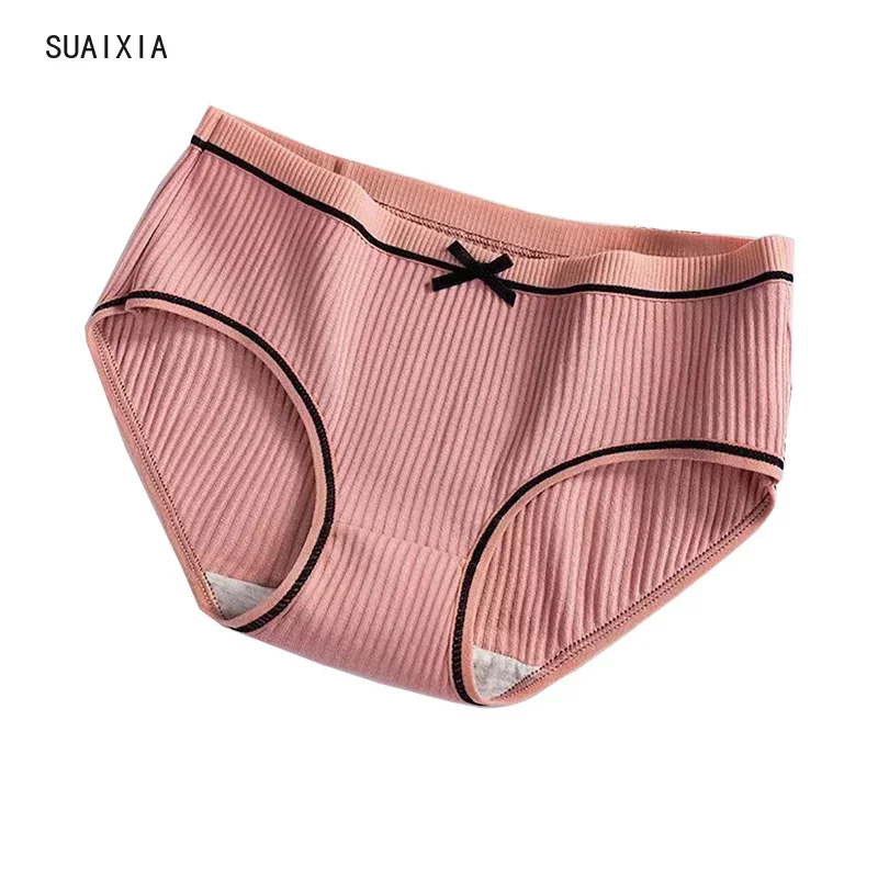 Threaded Cotton Bow Breathable Sexy Mid Waist Girls Briefs Pure Cotton Panties Ladies