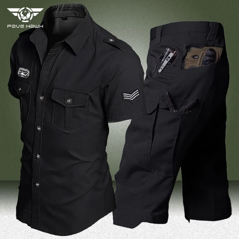 Black Cargo Sets Men Summer Breathable Wear-resistant Short Sleeve Tactical Shirts+Military Straight Combat Shorts 2 Pcs Suits