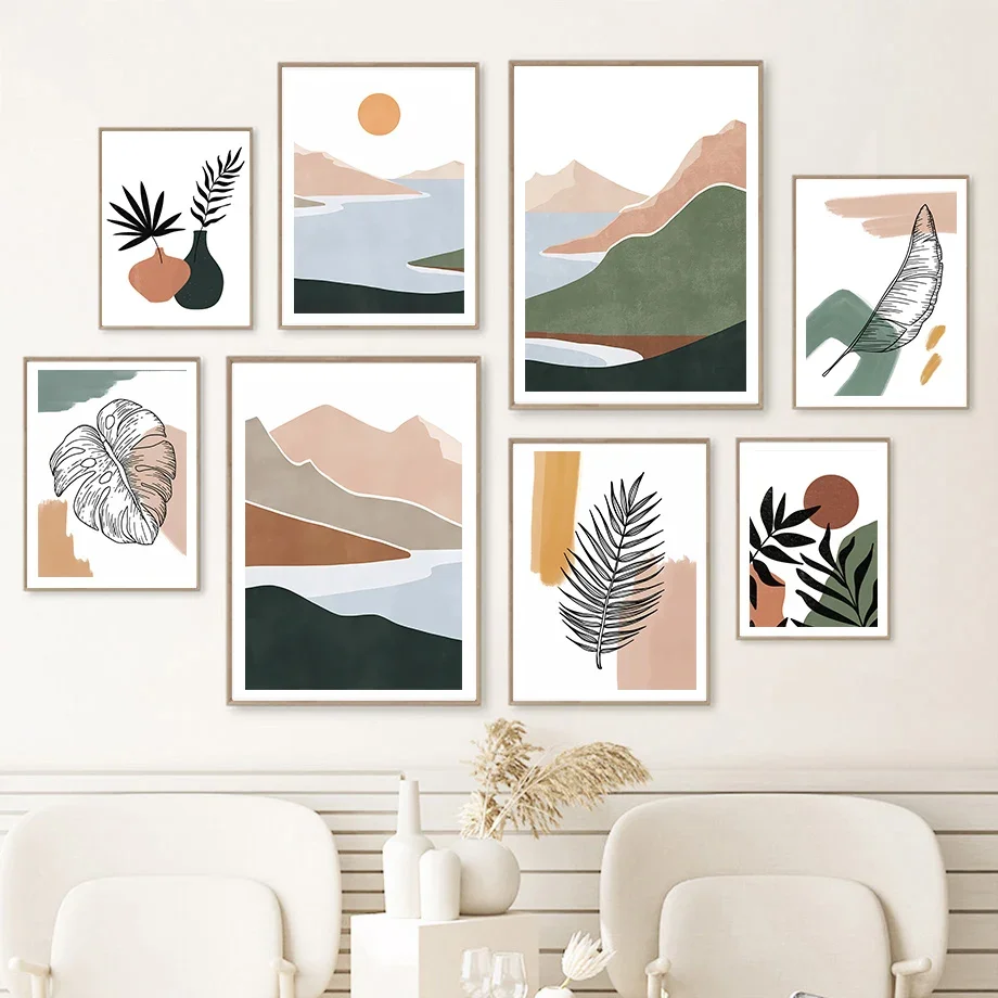 Abstract Mountain Sun Lake Palm Leaf Minimalist Wall Art Canvas Painting Posters And Prints Wall Pictures For Living Room Decor