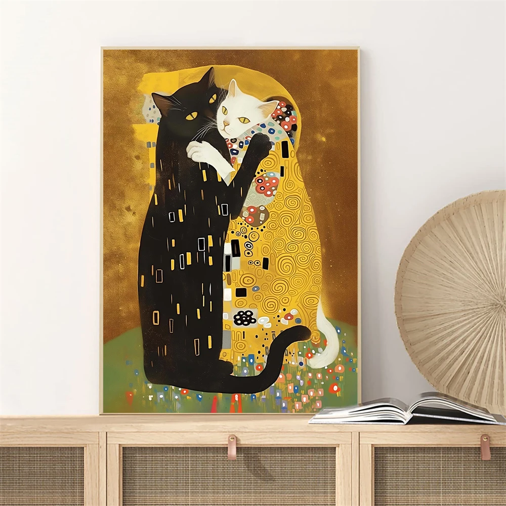 Classical Gustav Klimt Art Poster Vintage Funny Illustration Lovely Cat Print Cute Animal Wall Art Canvas Painting Home Decor