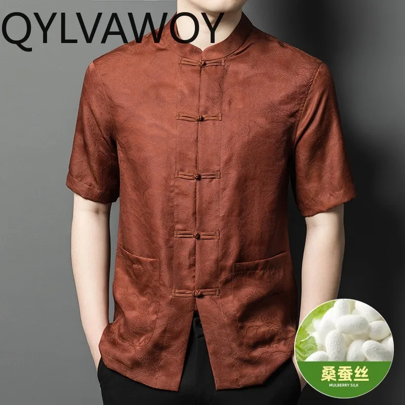 QYLVAWOY Stand Collar Men's Shirts 100% Mulberry Silk Shirt Chinese Style Buttoned Shirts for Man Short Sleeve Menswear Clothing