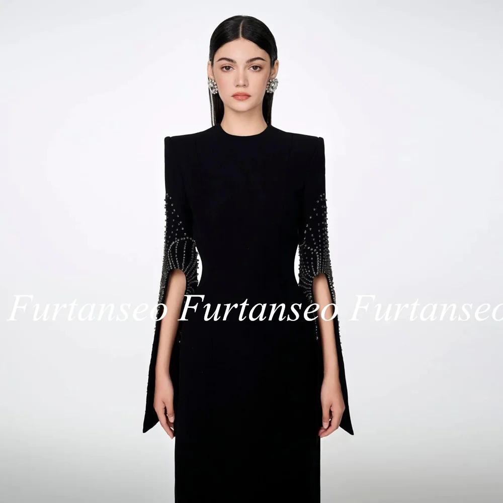 Black Evening Dress Customized Long Sleeves Jewel Neck Beading Floor Length Jersey Saudi Arab Prom Gown Arabian Formal Dresses