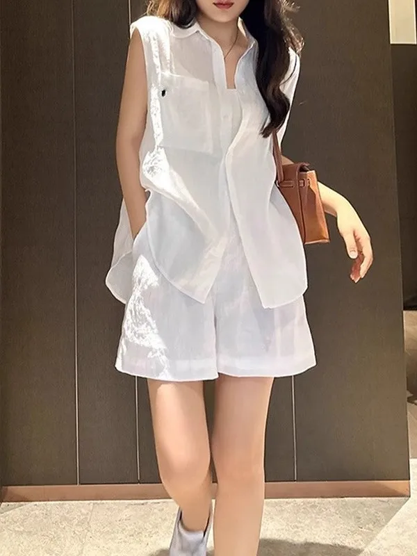 

Loose Cotton Linen Set Women Summer Thin Wide Leg Short Pants Top Bottoms Two-Piece Suit Fashionable Breathable Comfortable