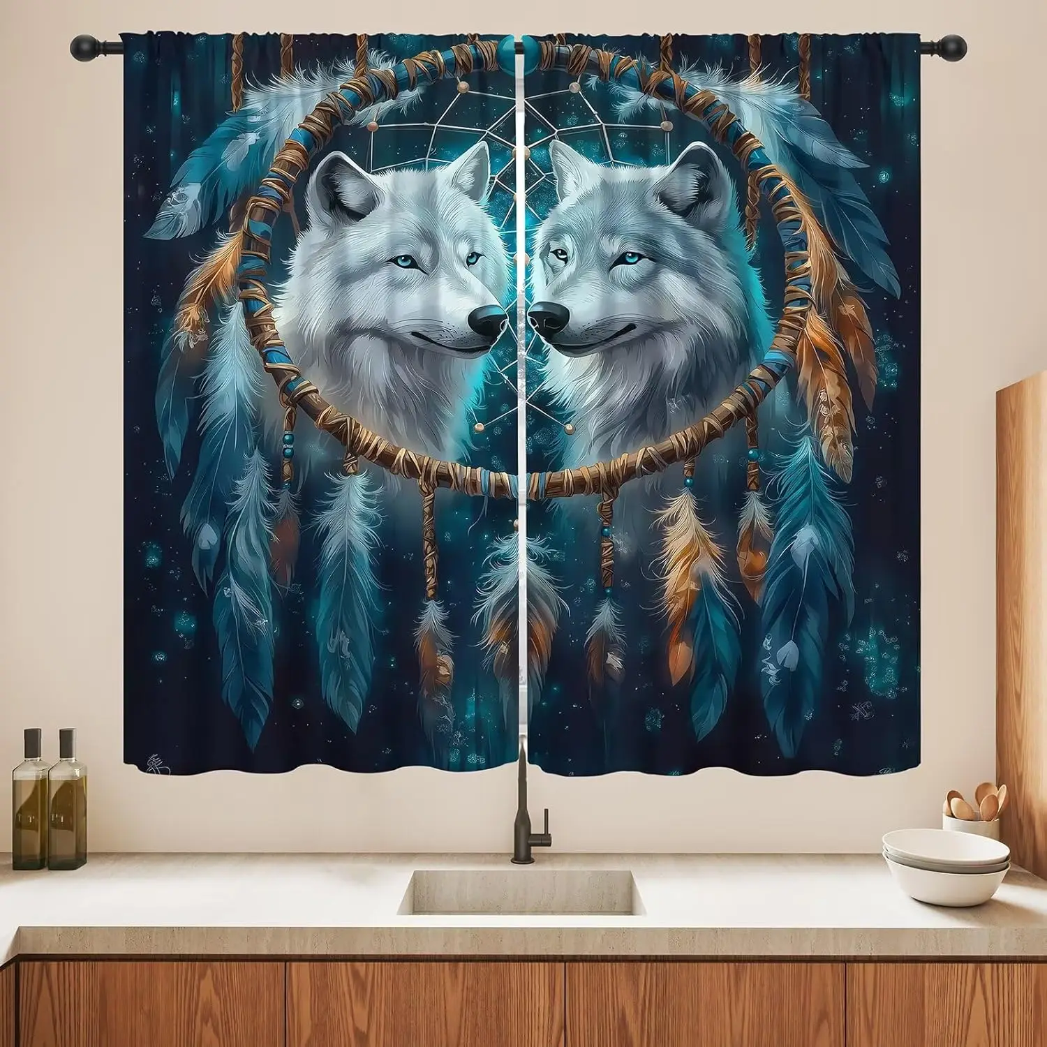 Dreamcatcher White Wolf Curtains Feather Native Print for Living Room Bedroom Decor