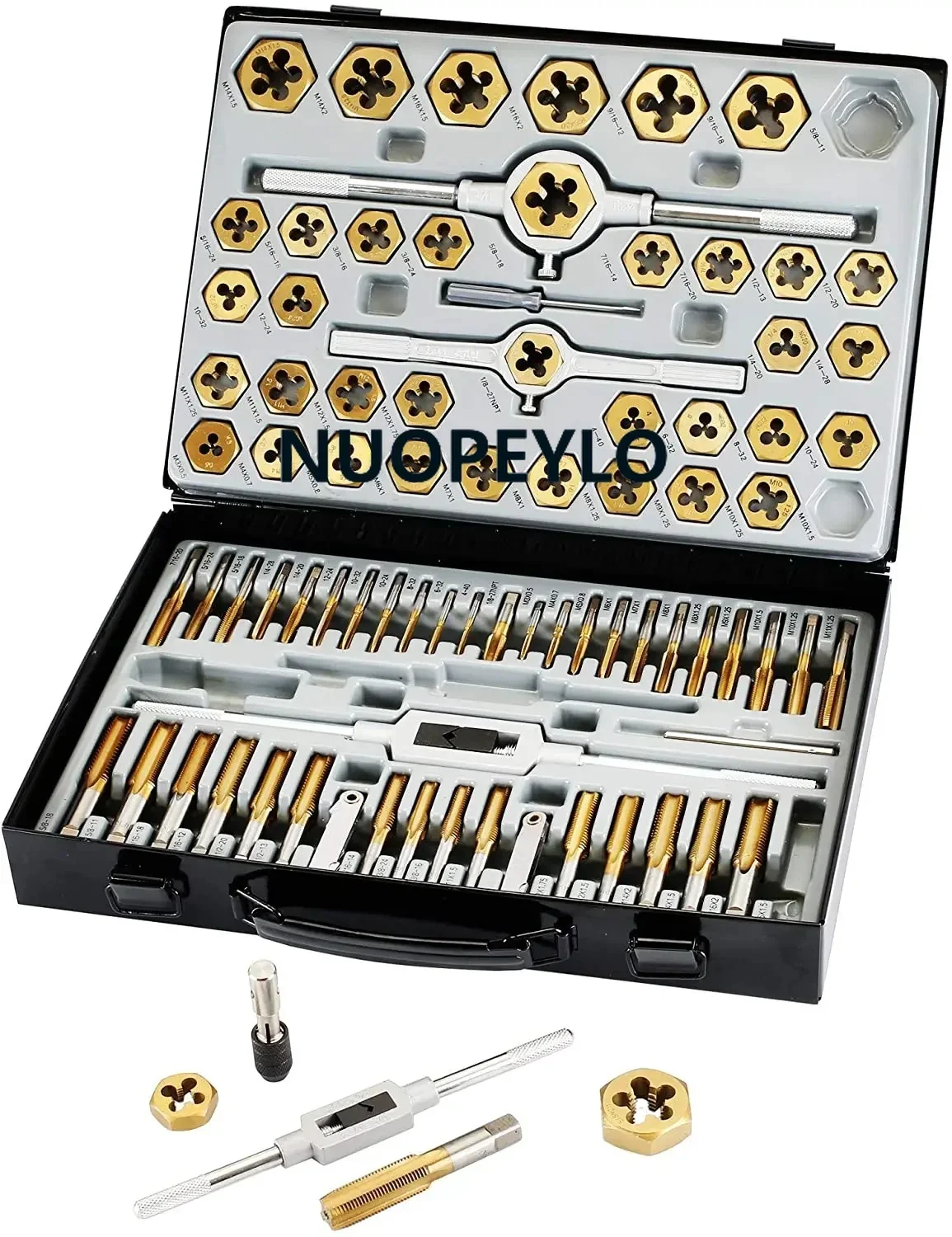 

86 Piece Tap and Die Set alloy Steel Sae and Metric Tools, Titanium Coated with Metal Carrying Case