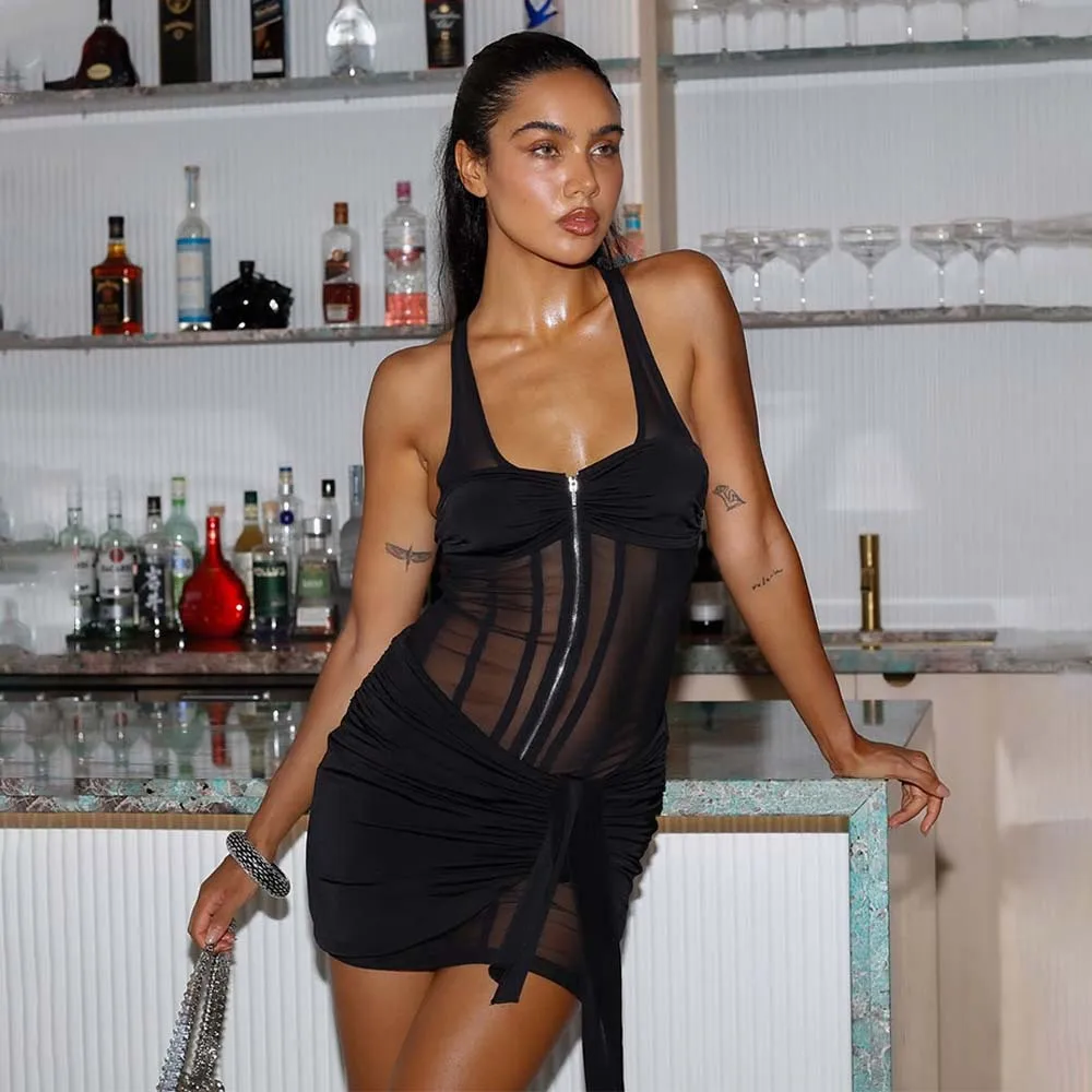 

Women's Evening Dress Elegant Party Dresses Sleeveless Mesh Patchwork Zipper Sexy Dress Hot Girl Bodycon Skirt Women's Clothing