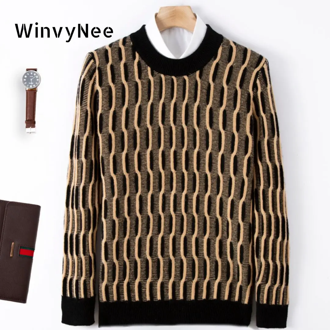 

WinvyNee свитер из мериносовой шерсти, мужская одежда, повседневные топы в полоску с круглым вырезом и длинными рукавами, теплый трикотаж, пуловер, осень-зима M1103014