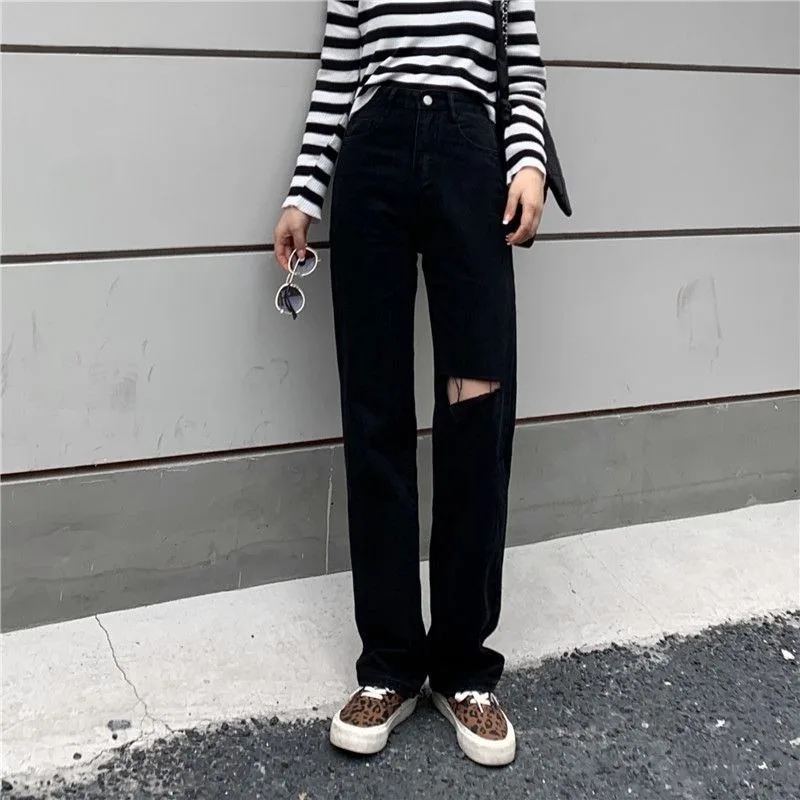 Women\'s Ripped High Waist Jeans with Burrs and Tassels Loose Wide Leg Pants Spring and Summer Straight Mop Pants Black Y2k Pants