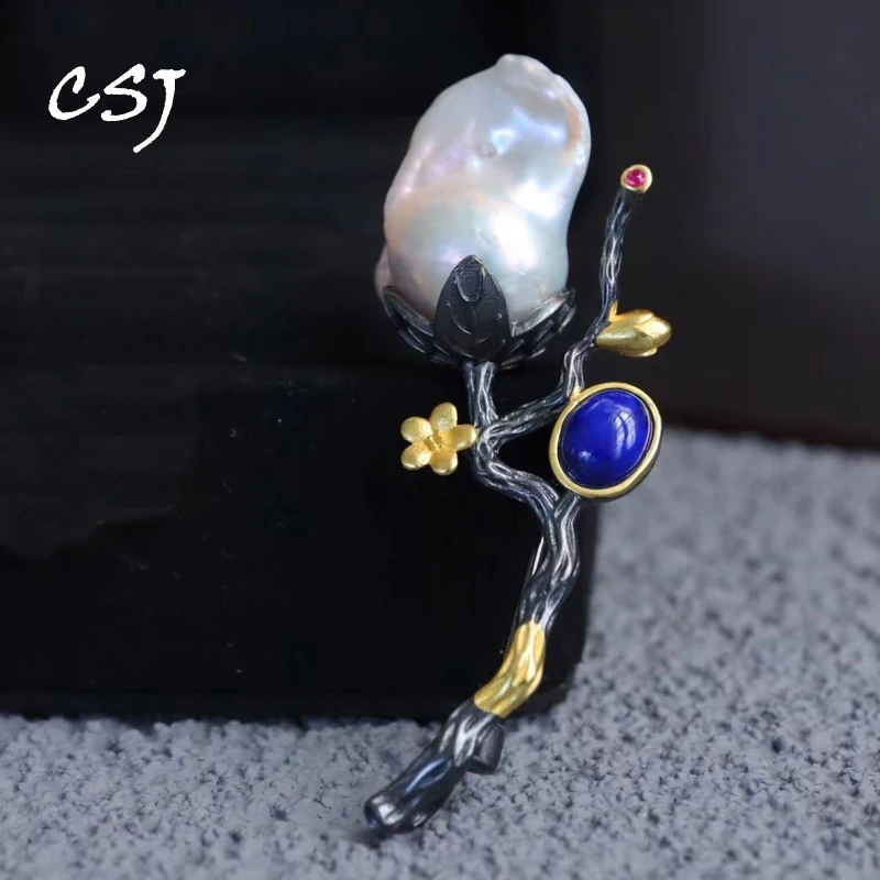 

CSJ Vintage Natural Lapis Baroque Pearl Brooch Sterling 925 Silver Handmade Jewelry for Women Lady Wedding Engagment Party Gift