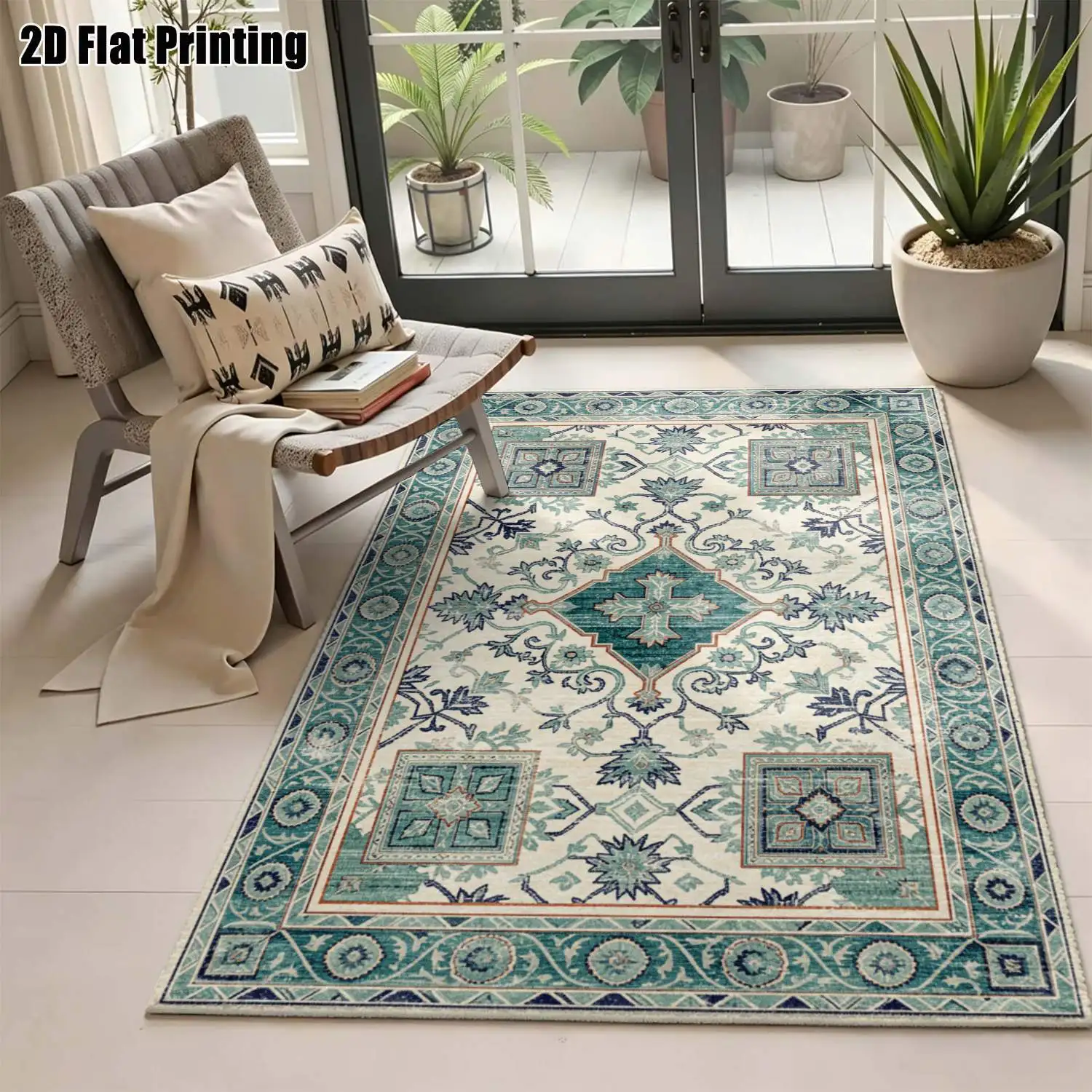 1Pc 2D Printed Blue&White Geometric Floral Vintage European Bohemian Carpet, Home Decor, Multi-Size, Machine Washable, for Entrance, Dining Room, Foyer, Bedroom, Living Room