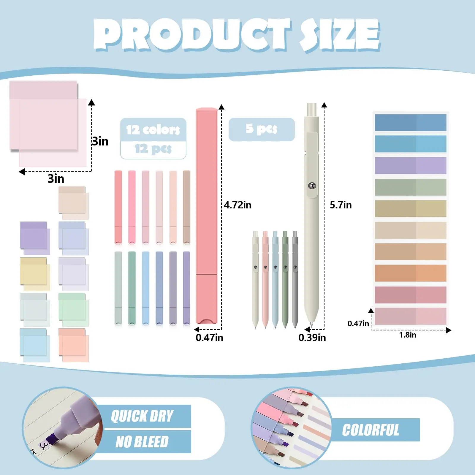 Kit de anotaciones de libros estéticos de 30 piezas con estuche grande para lápices, 12 resaltadores pastel, 5 bolígrafos de gel negros lisos, 700 hojas Transpa