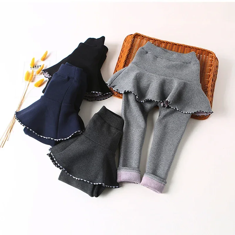 Girls Winter Leggings Pants Kids Pants Fleece Legging for Girls Thick Warm False Two Pieces Culotte Children Skirtpants Trousers