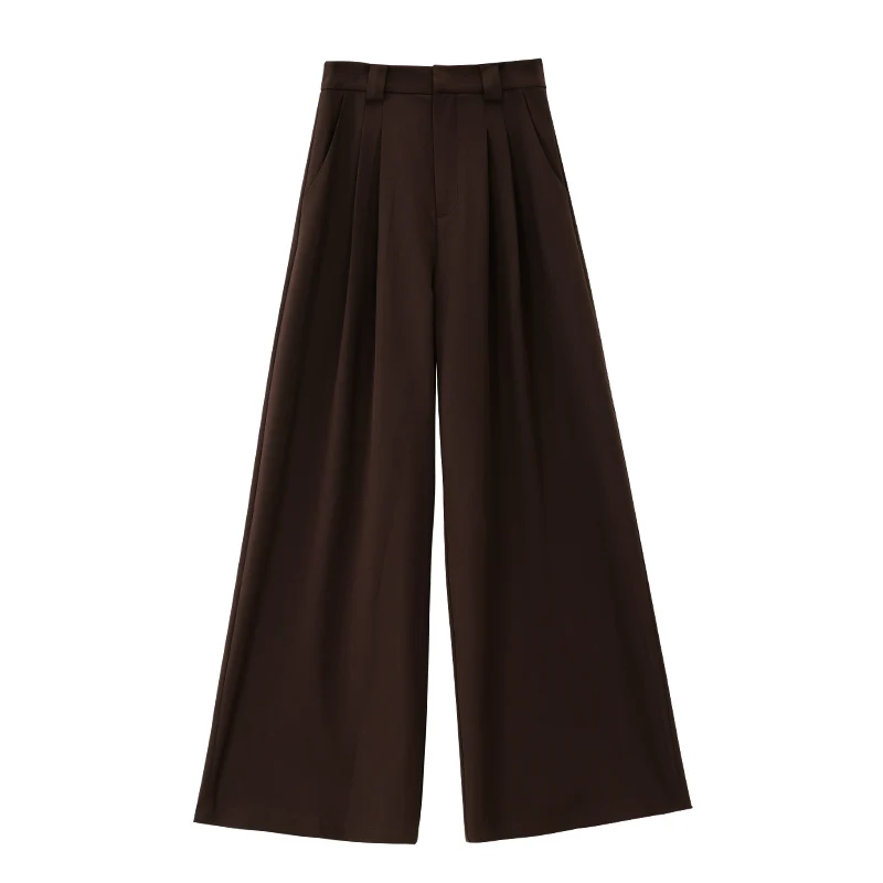 ALXNAN Women's Pants Brown Casual Wide-leg Baggy Pants 2025 Autumn Loose-fit Straight Office Lady Pleated Trousers Female L56713