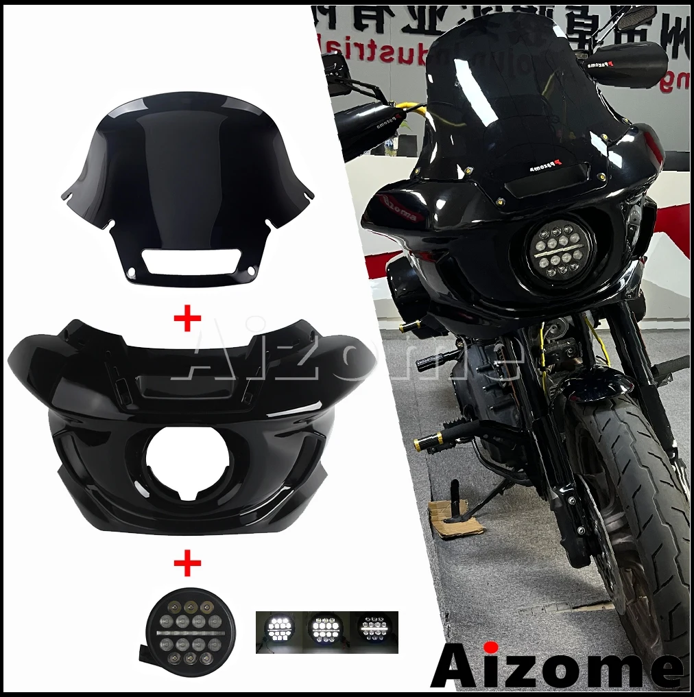 

Windshield Motorcycle Round 5.75inch LED Headlight Fairing Front Mask Support Bracket For Harley Softail Street Bob FXBB FXBBS