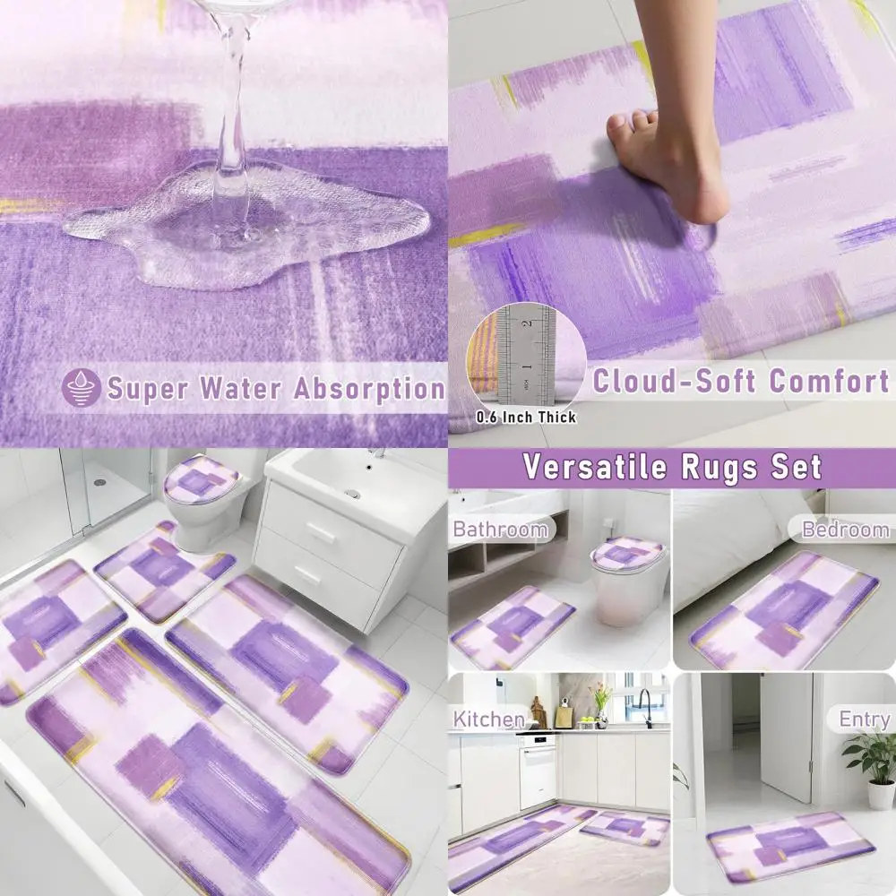 

5-Piece Purple Memory Foam Bath Rug Set with Toilet Lid Cover, Non-Slip Mats for Tub, Toilet, and Floor